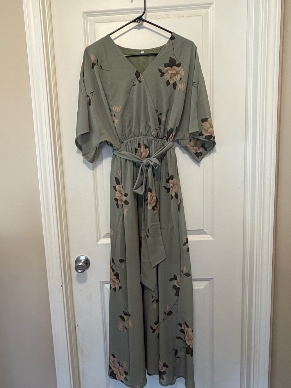 Floral Sage Green Wrap Maxi Dress with Tie Waist